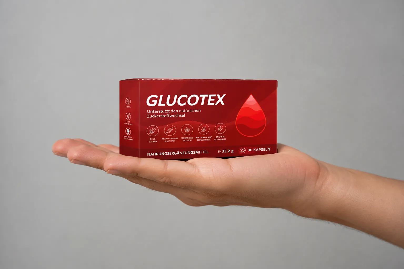 GLUCOTEX — Verpackung in der Hand